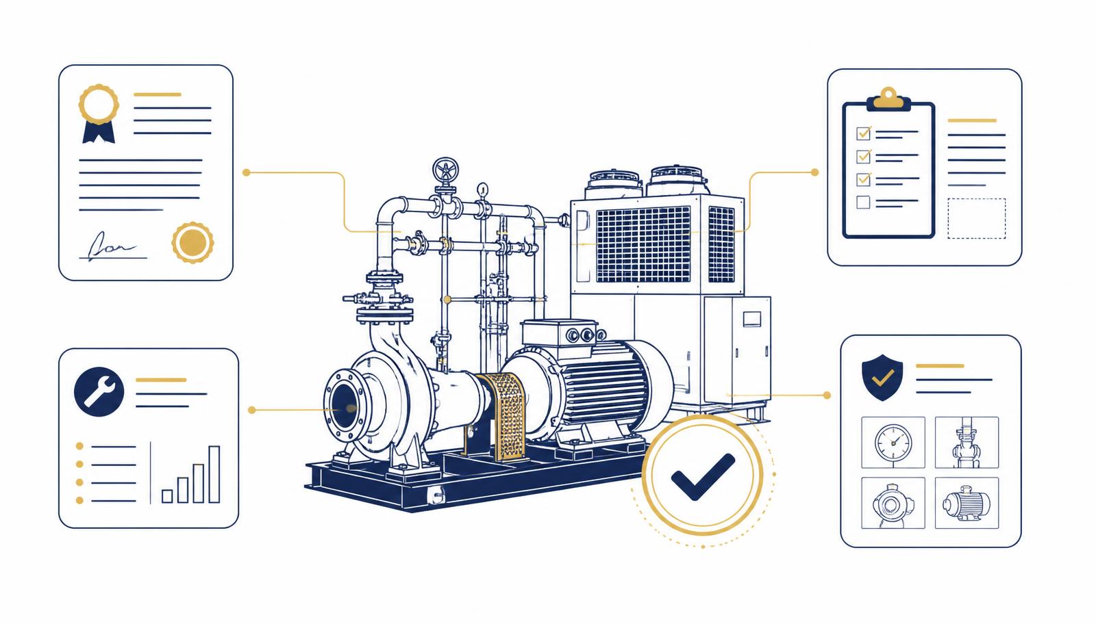 Navy and gold line illustration of an industrial asset connected to certificates, inspection checklists, service reports and compliance evidence cards.