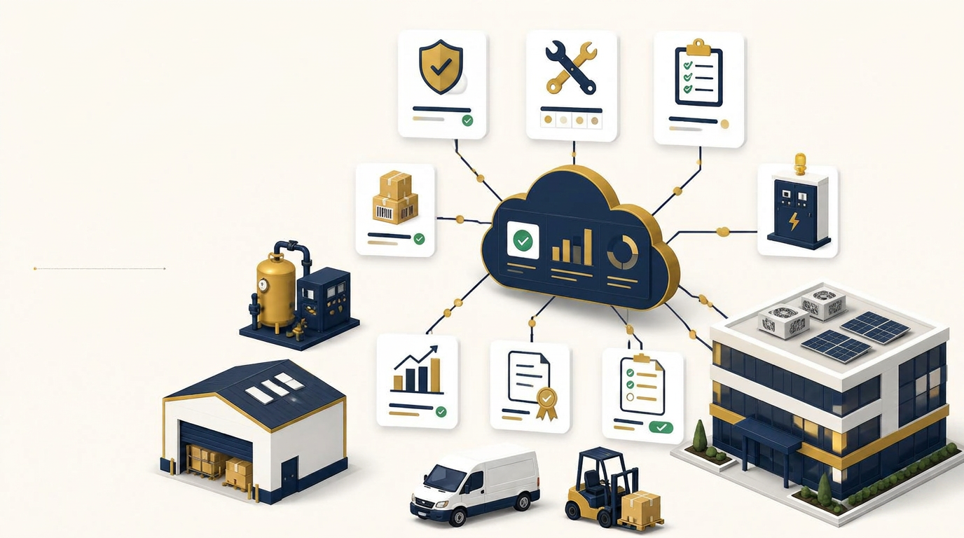 Isometric illustration of the Axario cloud platform at the centre, connected to a commercial building, warehouse, industrial assets and dashboard cards for compliance, maintenance, inspections, assets, reporting and certificates in navy, gold and white.