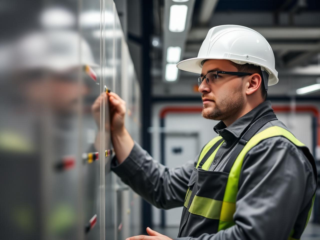 Technician inspecting building services equipment in a plant room