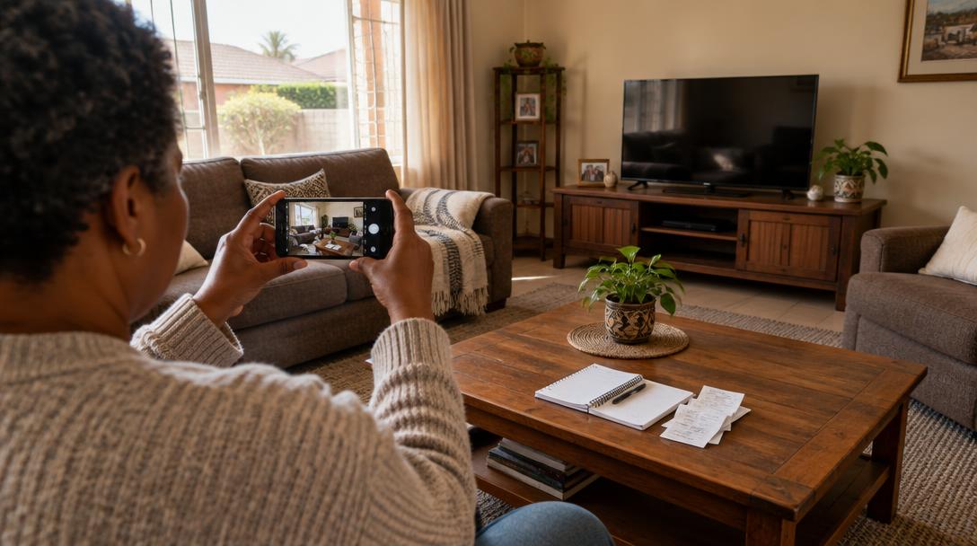 A homeowner photographing the television and furniture in a living room with a smartphone, building a photographed home inventory.