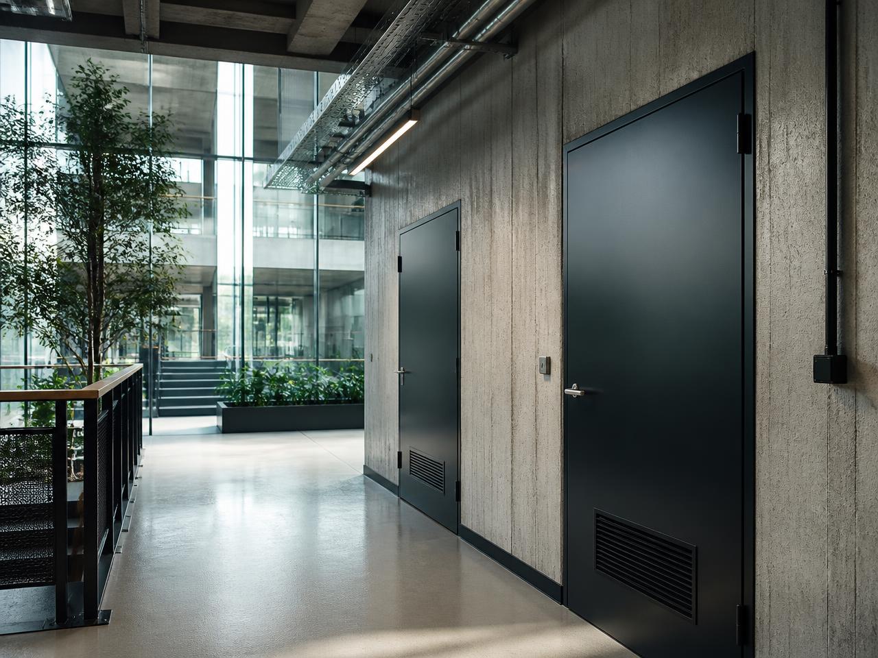 A modern commercial building corridor with plant room access doors and services above