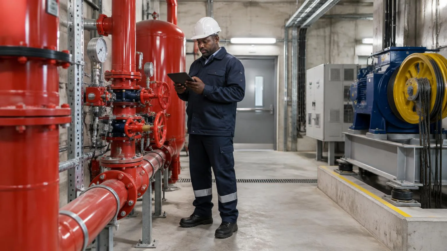 Facilities technician recording a maintenance check on a tablet in a building plant room