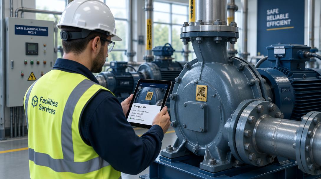 A facilities technician scanning a gold QR asset tag on an industrial pump with a tablet showing the asset record, in a modern plant room.