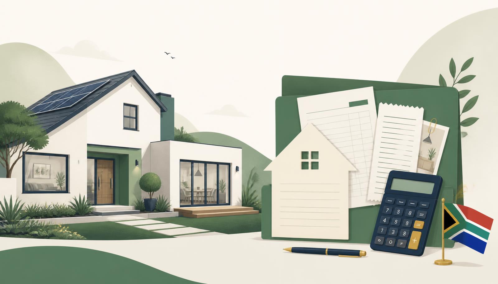 Illustration of a modern South African home with solar panels and extension, alongside organised property records, invoices, a calculator and the South African flag in sage green and navy.