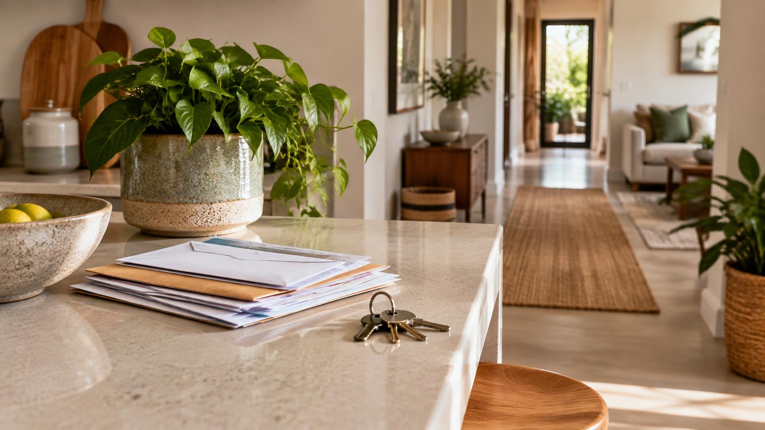 Keys and a tidy stack of household paperwork beside a green plant on a sunlit counter in a lived-in home.