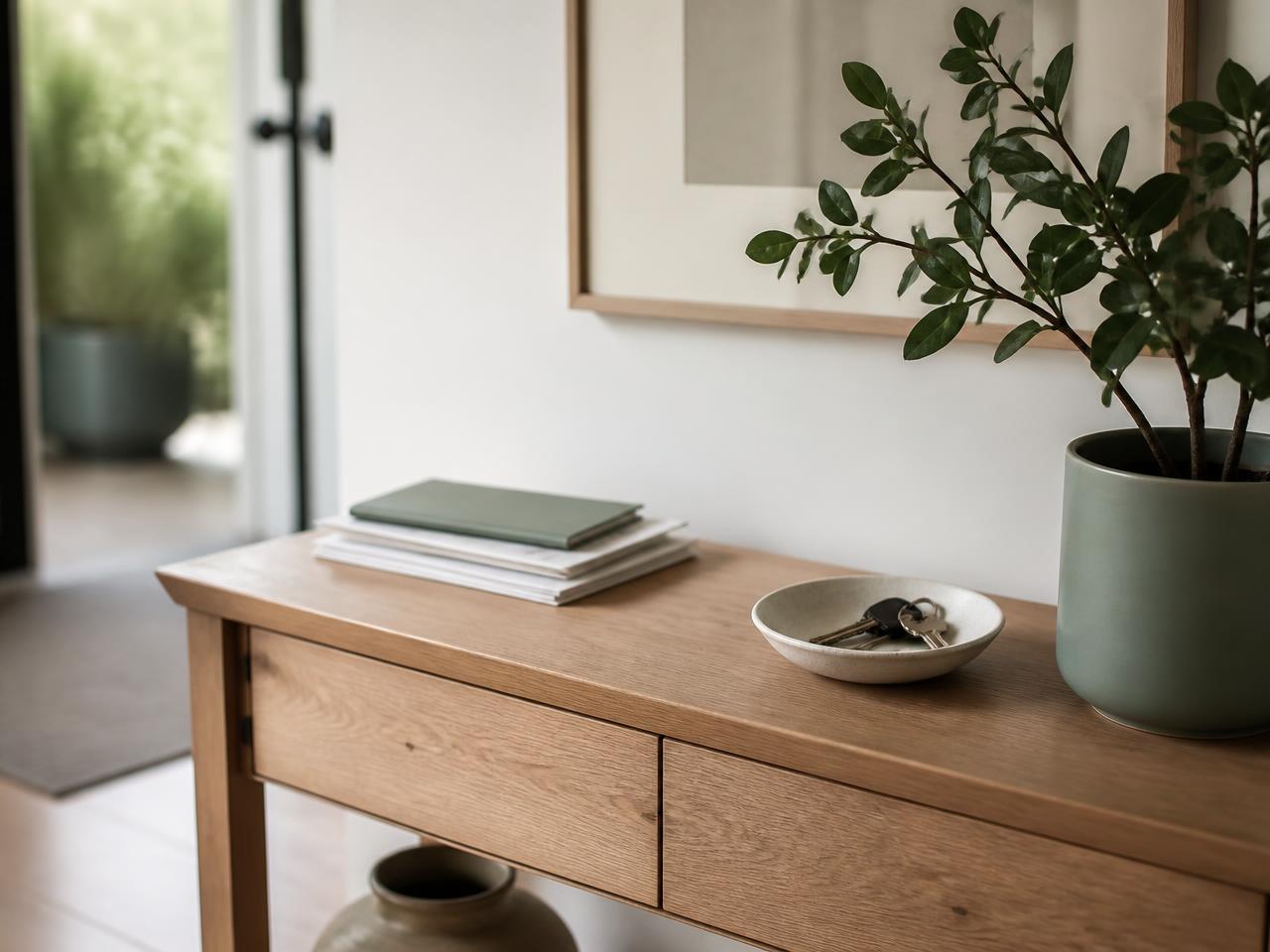 A tidy home entrance with keys, documents and a plant on a wooden console table
