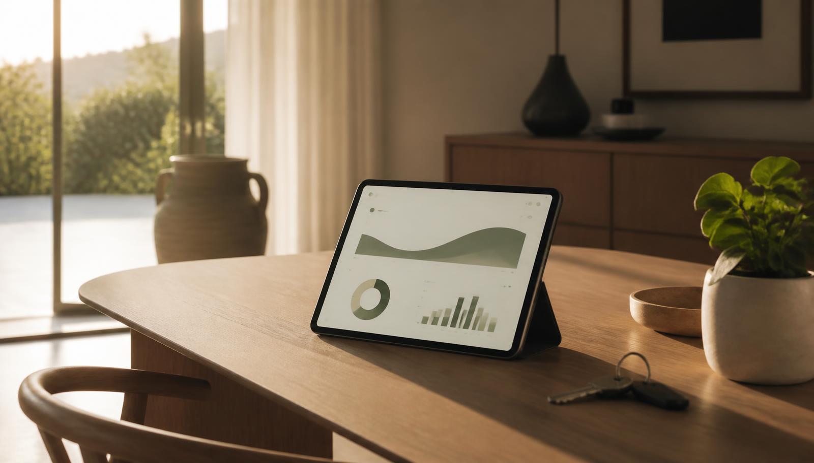 Tablet on an oak dining table in a sunlit modern home, showing a calm household dashboard