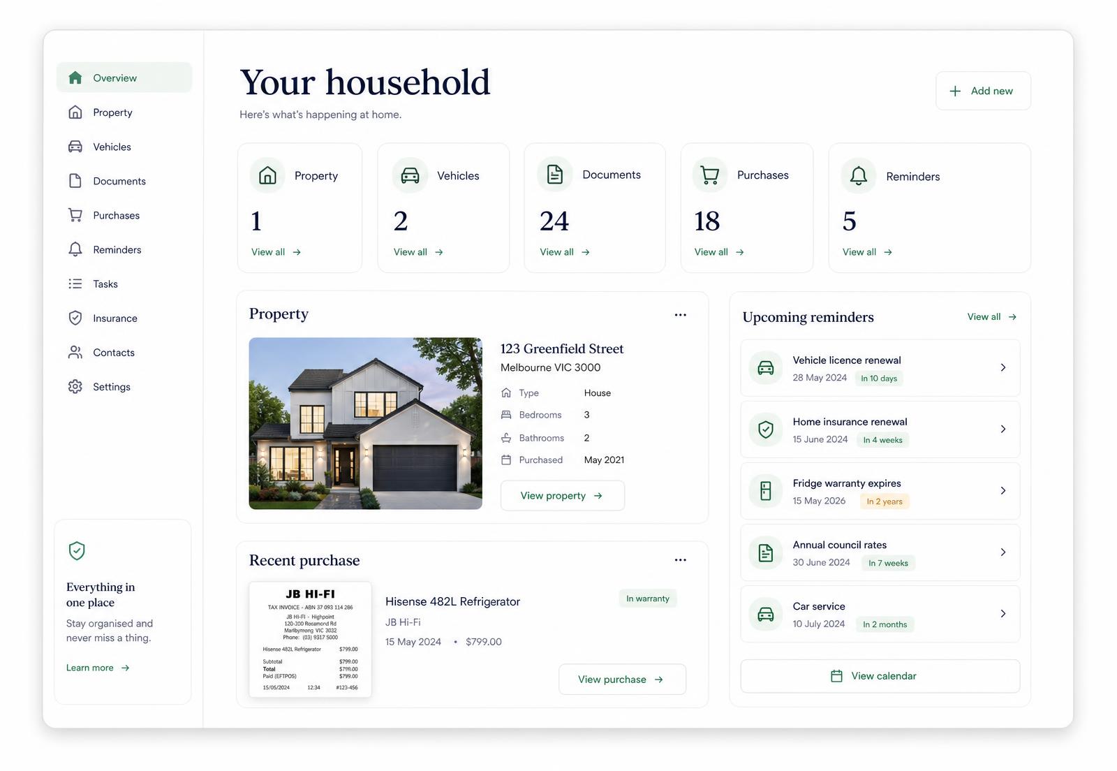 Axario Home dashboard showing property, vehicle, document and purchase summaries alongside upcoming household reminders