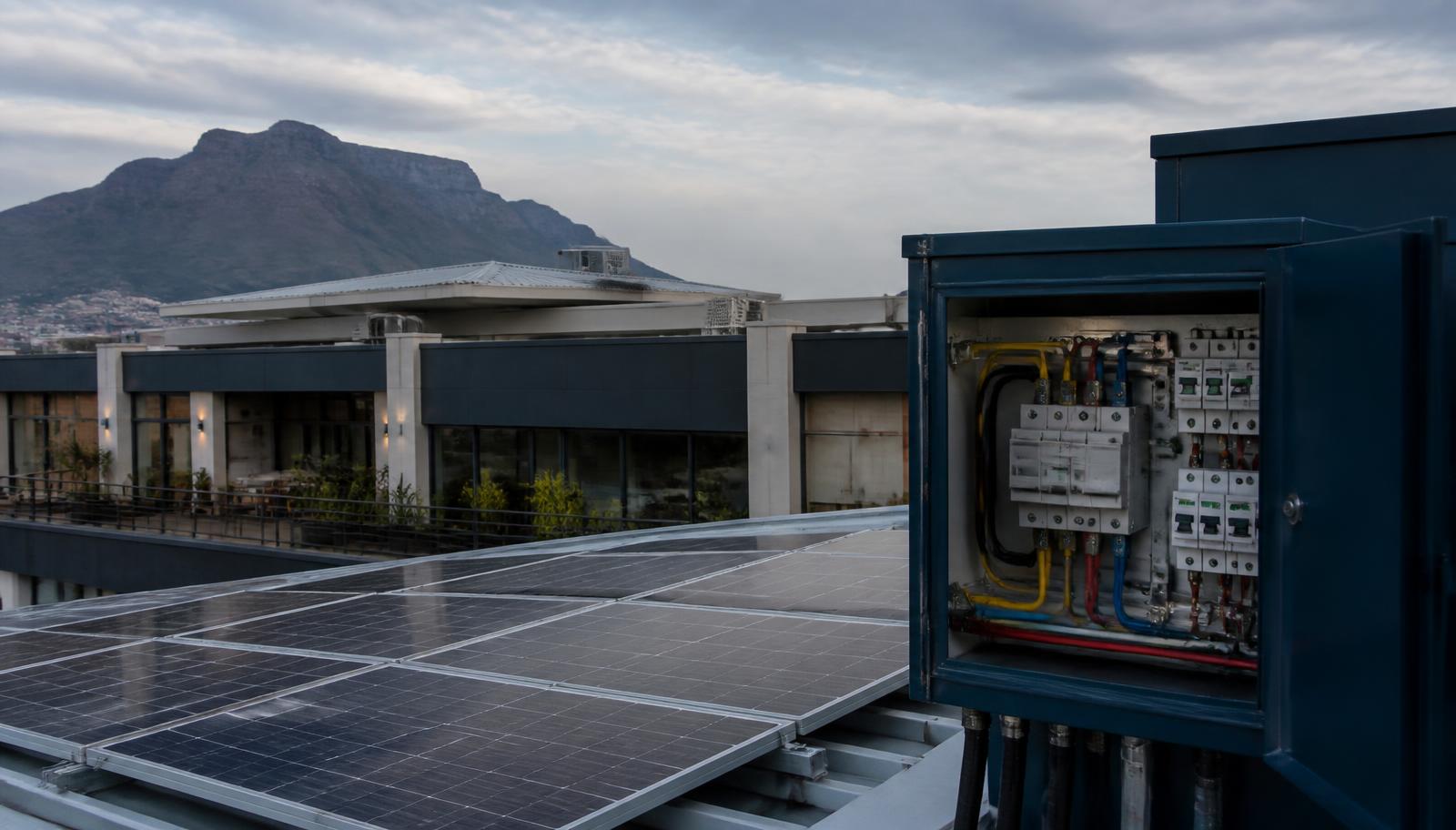 Solar panels and an open electrical distribution board on the roof of a commercial building in Cape Town, with mountains in the background.