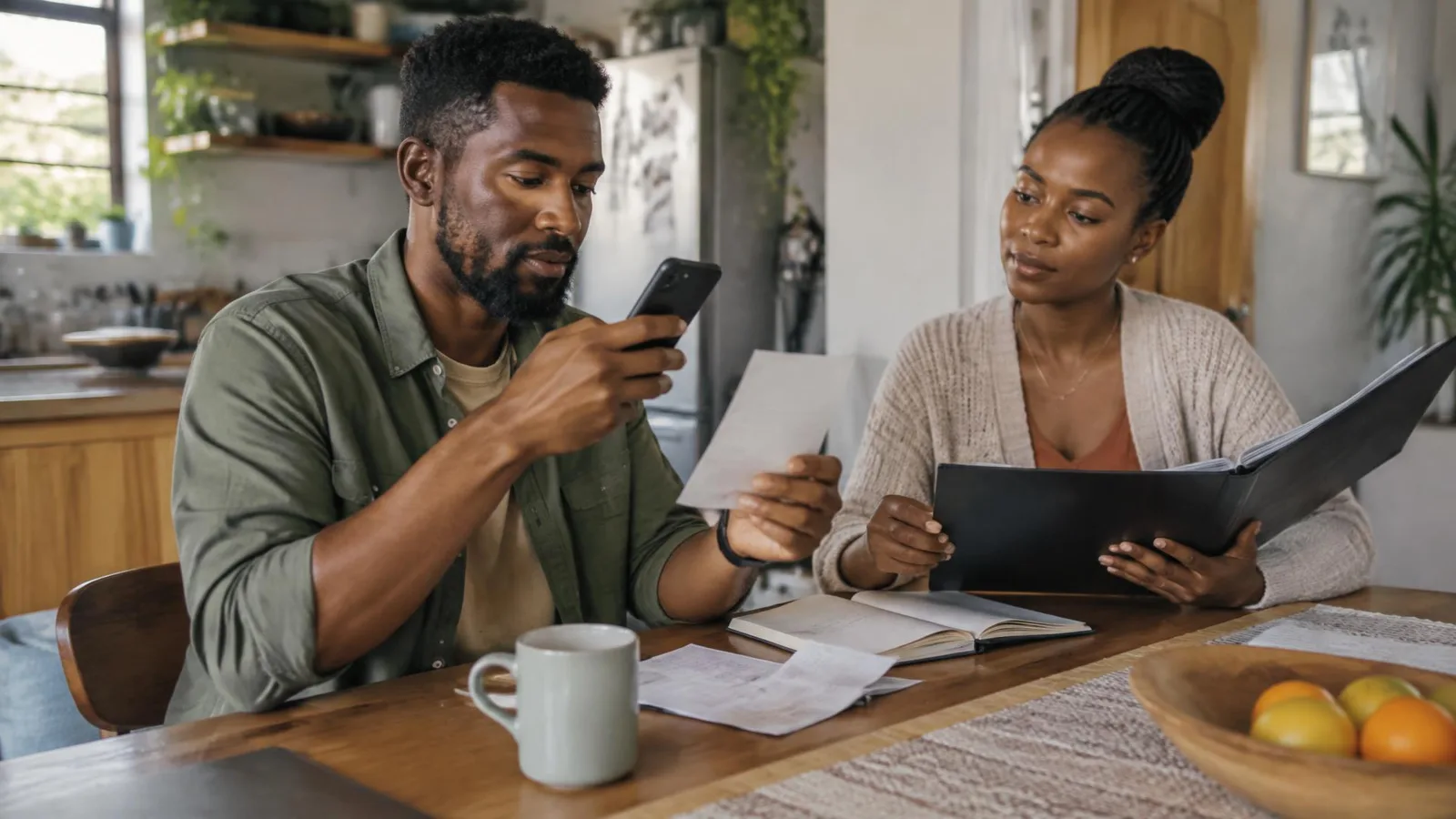 A couple at their kitchen table photographing a receipt and sorting household documents.
