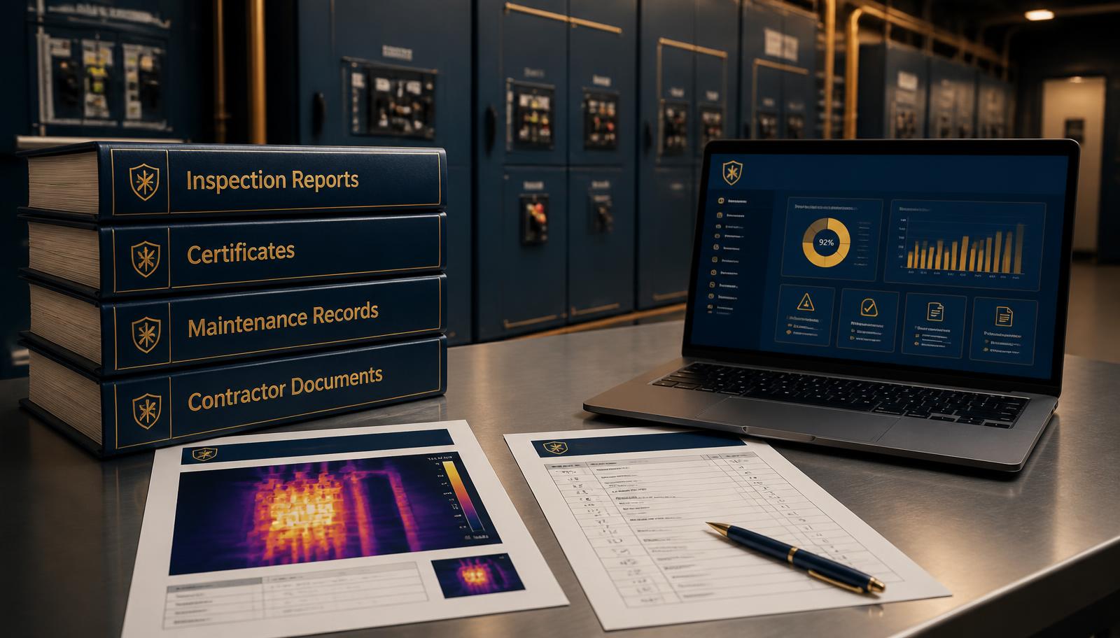 Labelled binders for inspection reports, certificates, maintenance records and contractor documents beside a thermal scan report and a laptop showing a compliance dashboard in a plant room.