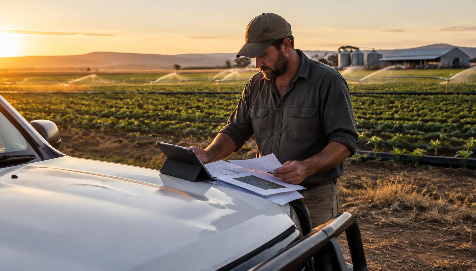 A farmer reviewing documents and a tablet on the bonnet of a bakkie at the edge of an irrigated crop field at golden hour.