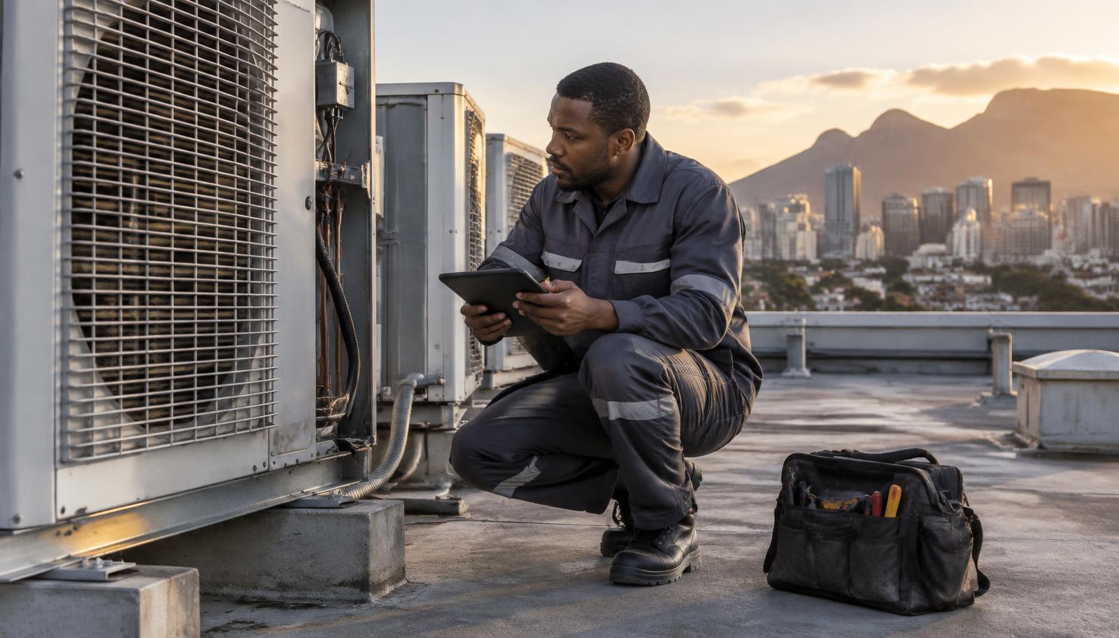 A facilities technician checking a rooftop air-conditioning unit on a commercial building, holding a tablet, in late-afternoon light.