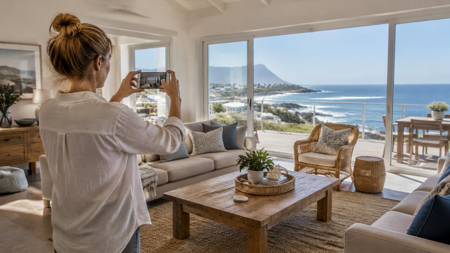 A homeowner photographing the lounge of a furnished holiday home before guests arrive.
