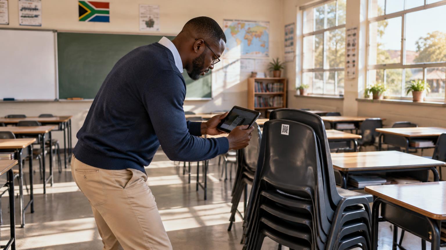 A school staff member scanning an asset tag on classroom chairs in an empty classroom.