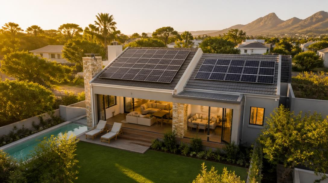 A warm aerial view of a modern South African home with rooftop solar panels, green garden and mountains at golden hour