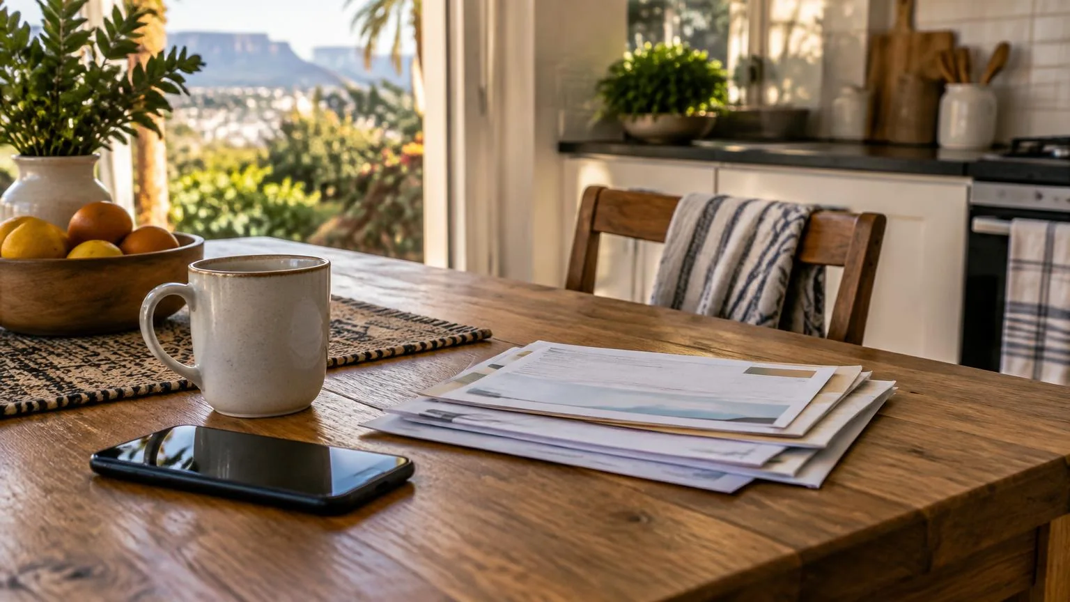 Household bills and a phone on a kitchen table during a year-end check of home running costs