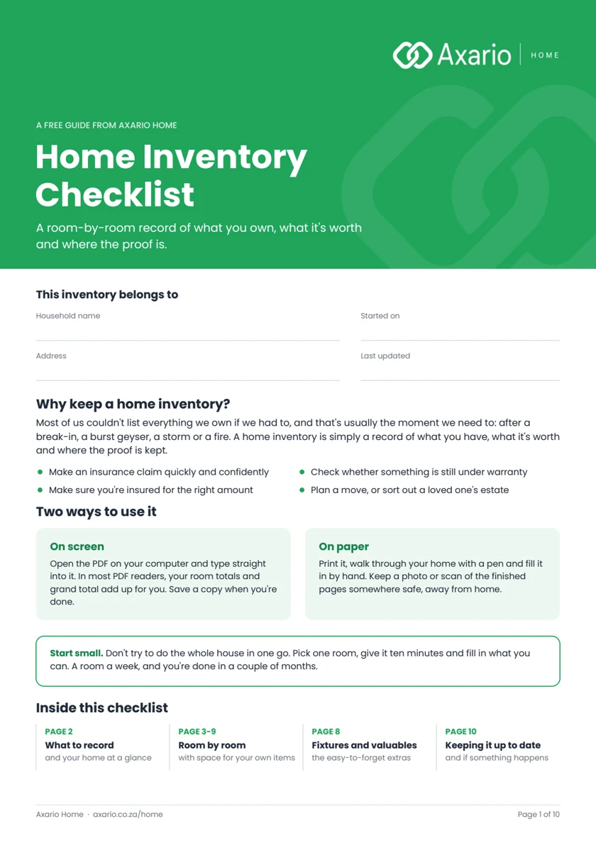First page of the Axario Home Inventory Checklist